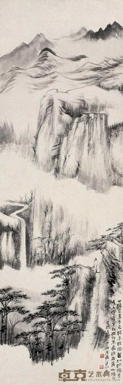 张大千 庚辰（1940年）作 寒严落泉 镜心 95.5×30.4cm